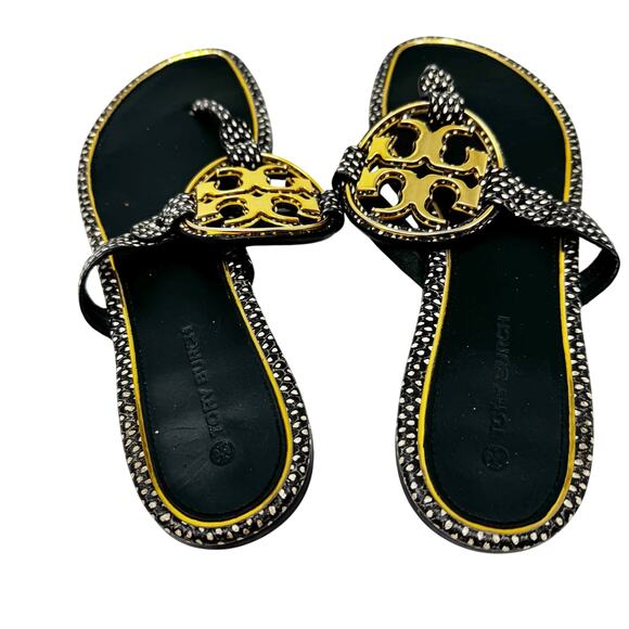 TORY BURCH Black Reptile Snake Gold Metallic Metal Miller Sandal Size 7 - Picture 4 of 10